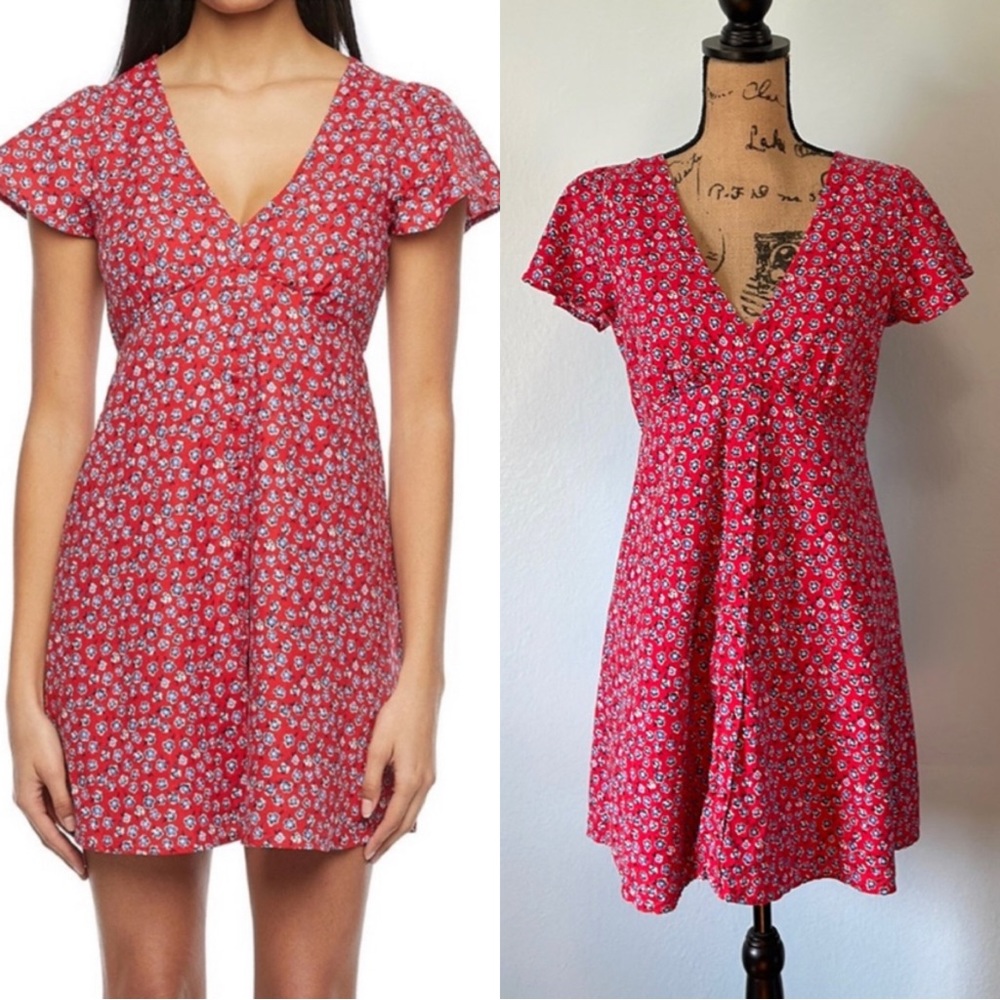 Red And Blue Floral Button Front Dress